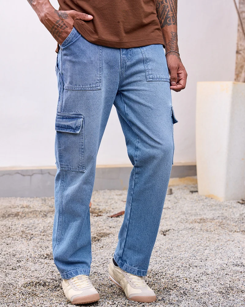 بيواكوف Men's Blue Washed Baggy Fit Cargo Mid- Rise Jeans